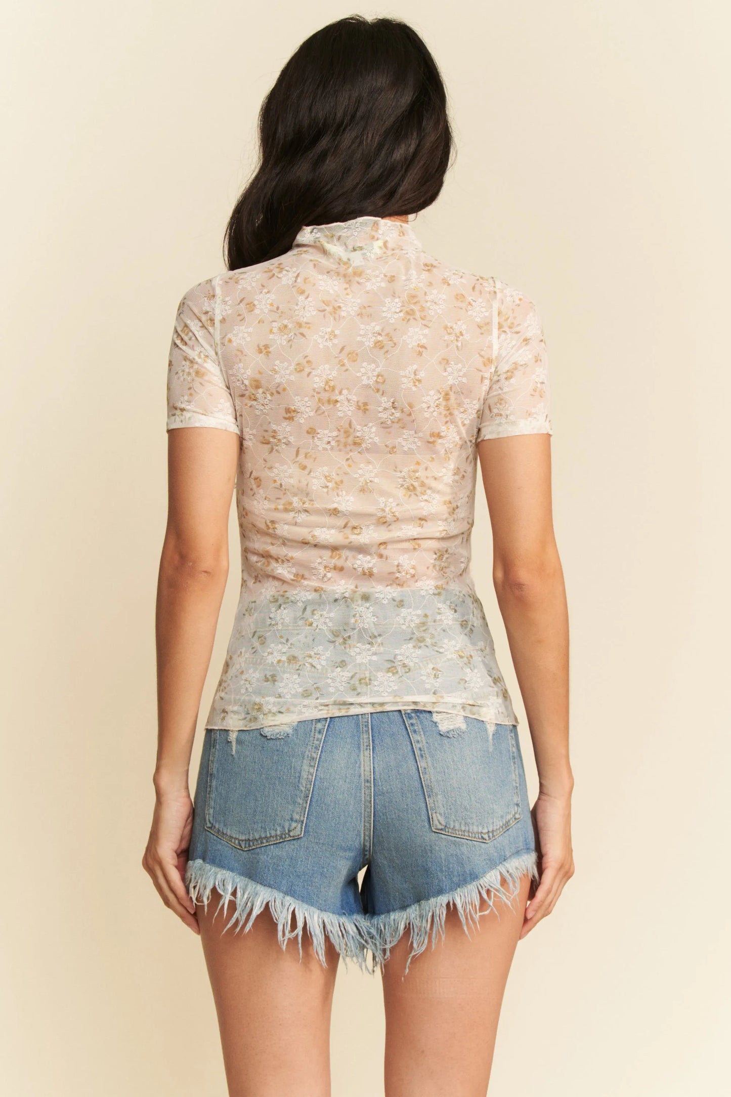 Image of Davi & Dani Floral Mesh Mock Neck Short Sleeve Top | Queeble.shop
