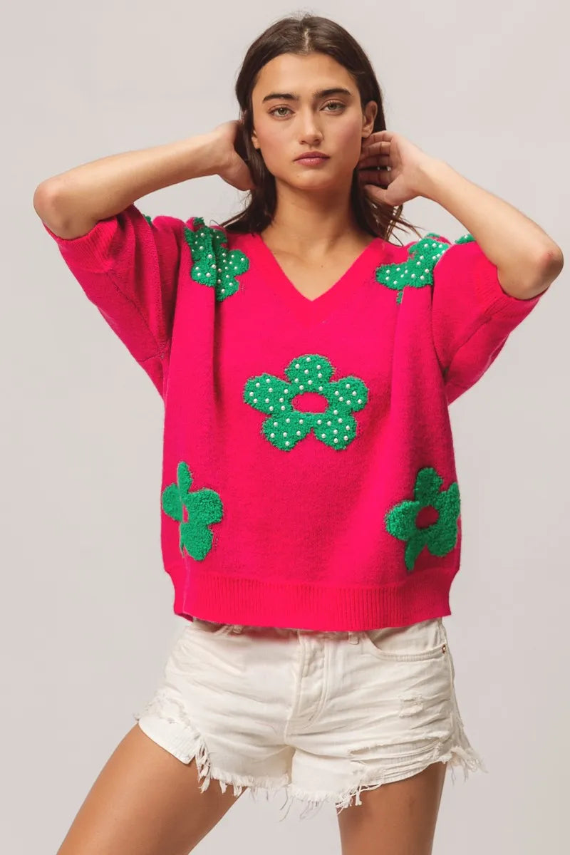 Image of BiBi Pearl Beads Flowers Sweater Top | Queeble.shop