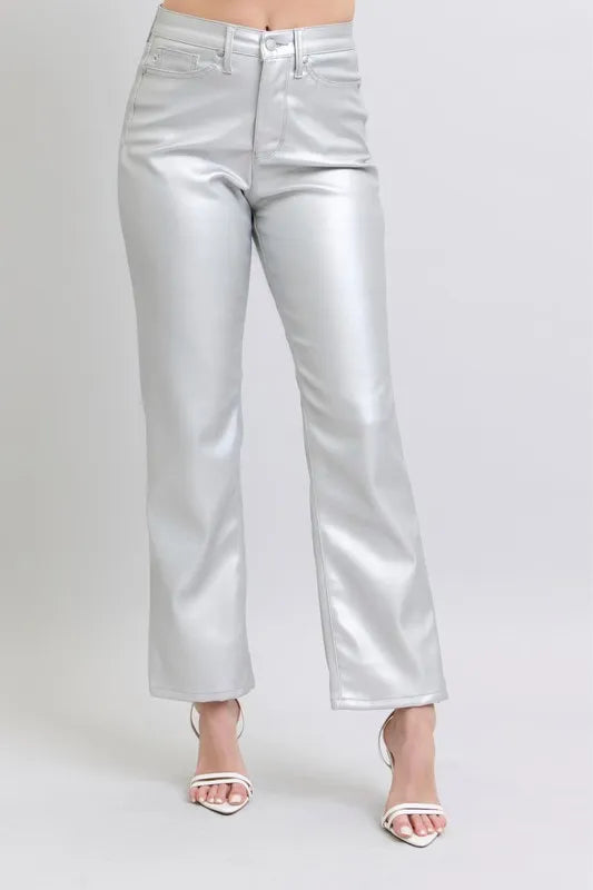 Image of Judy Blue Full Size High Waist Silver Faux Leather Pants Plus Size | Queeble.shop
