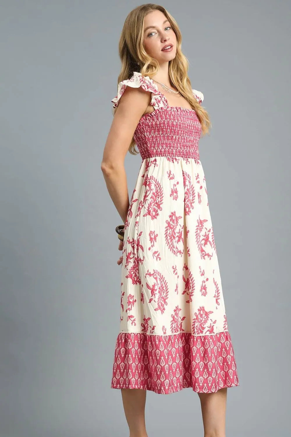 Image of Umgee Printed Smocked Midi Dress with Ruffle Details | Queeble.shop