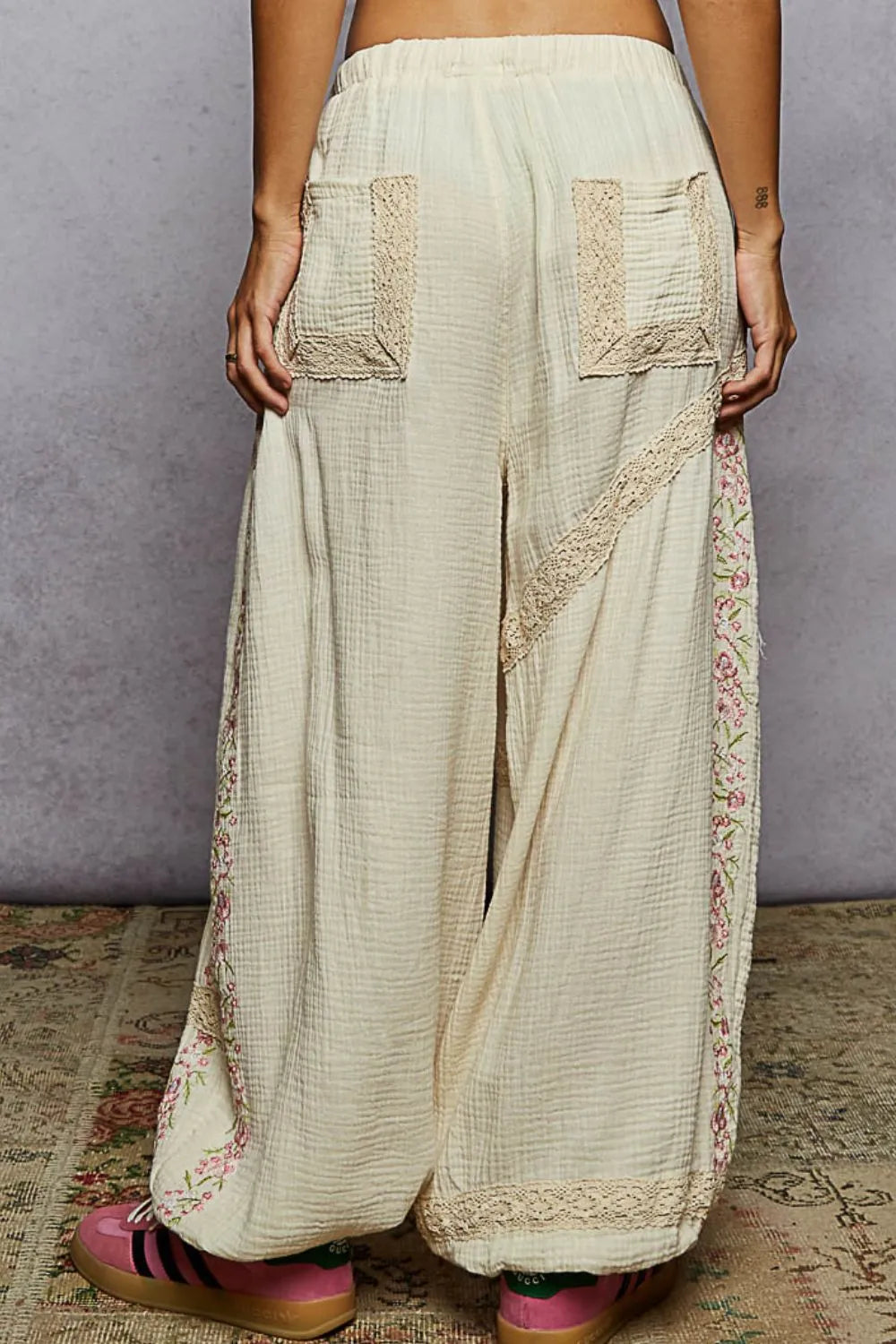 Image of POL Floral Embroidered Drawstring Joggers with Lace Trim | Queeble.shop