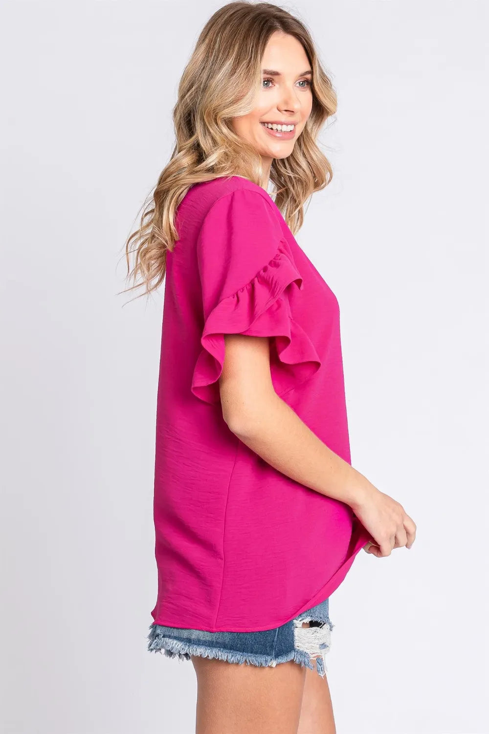 Image of GeeGee V-Neck Ruffle Trim Short Sleeve Blouse | Queeble.shop