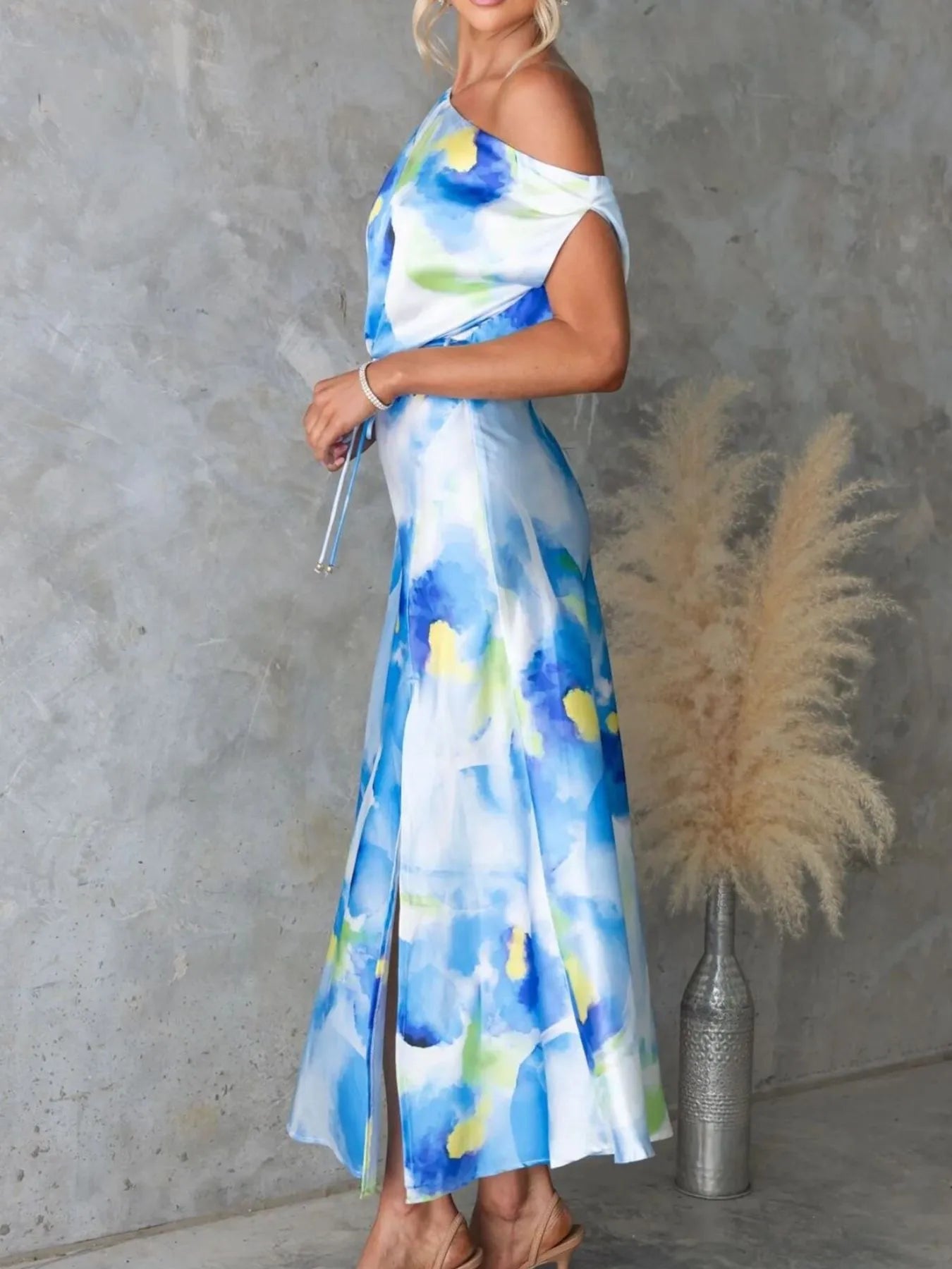 Image of One Shoulder Printed Dress with Slit | Queeble.shop