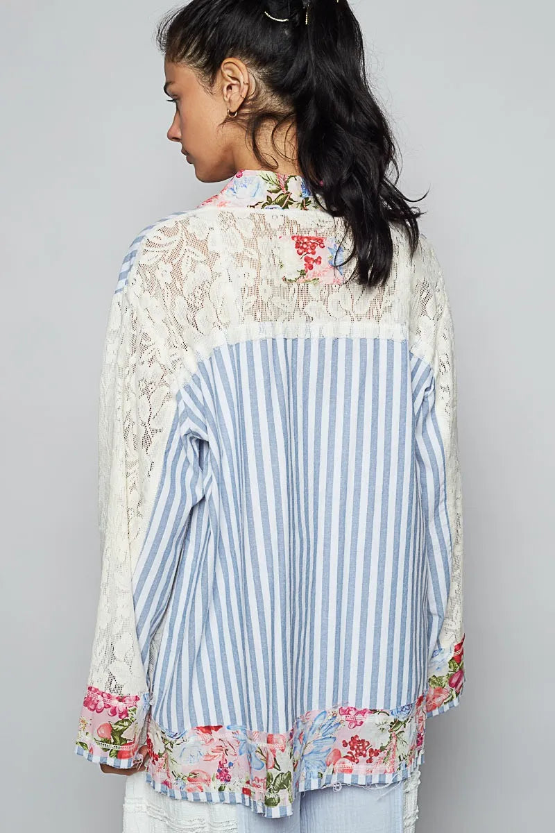 Image of POL Lace Long Sleeve Striped Cardigan with Floral Patchwork Detail | Queeble.shop