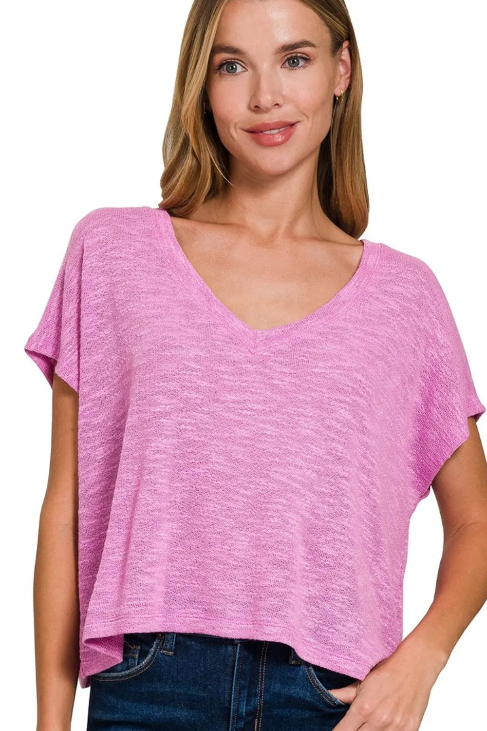 Image of Zenana Hacci Slub V-neck Drop Shoulder Crop Top | Queeble.shop
