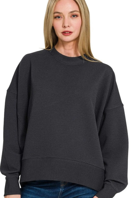 Image of Zenana Ribbed Balloon Sleeve Sweatshirt | Queeble.shop