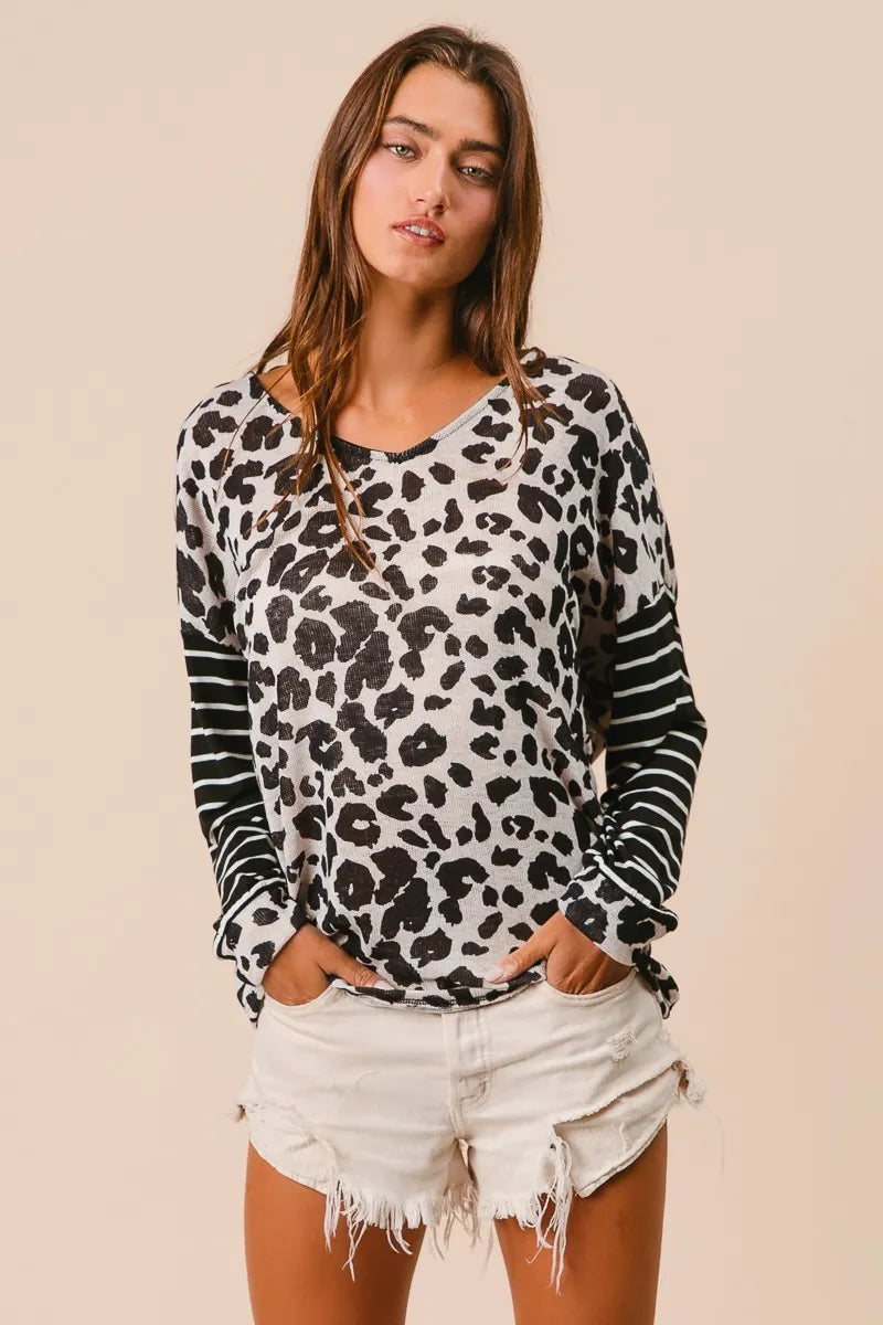 Image of BiBi Leopard Hacci Knit Twist Back Top With Stripe Sleeve | Queeble.shop