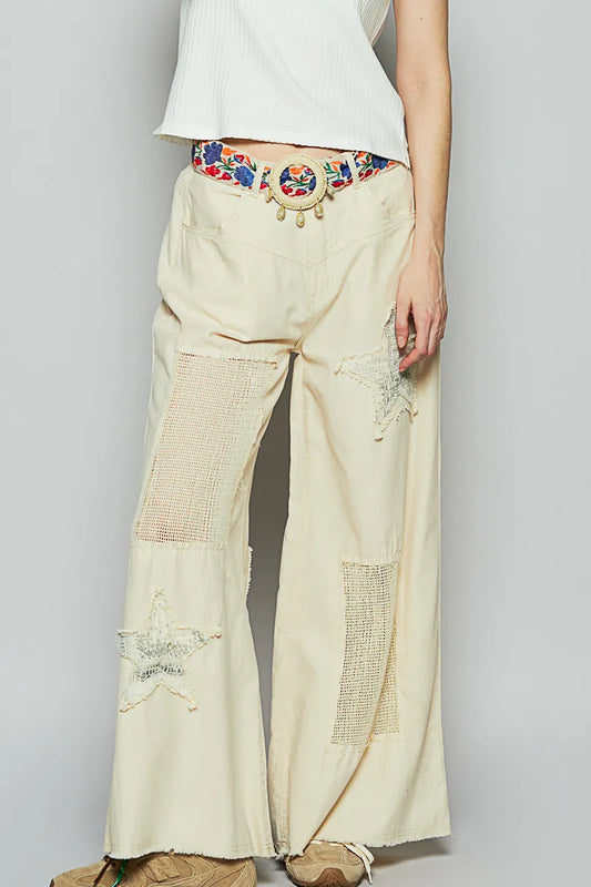 Image of POL Raw Hem Star Patch Wide leg Pants | Queeble.shop