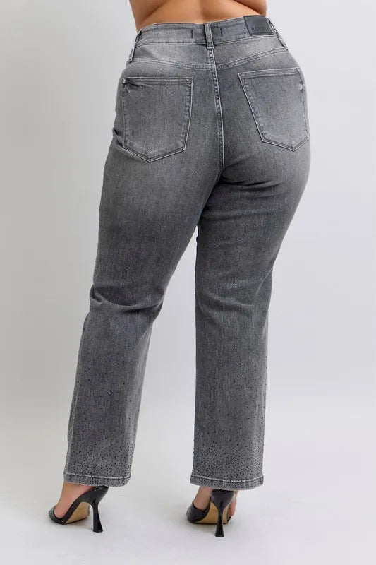 Image of Judy Blue Full Size High Waist Rhinestone Straight Jeans Plus Size | Queeble.shop