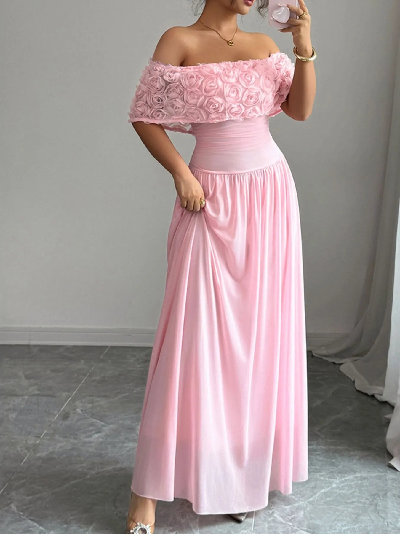 Image of Off-Shoulder Rose Embellished Maxi Dress | Queeble.shop