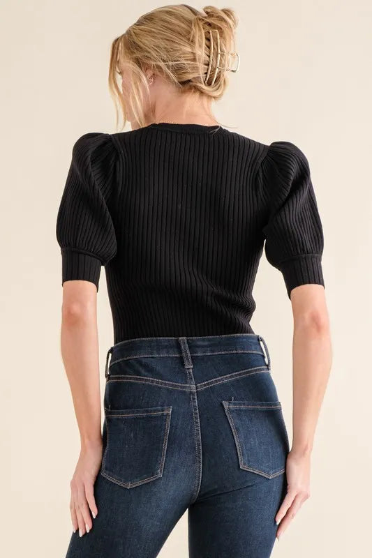 Image of And The Why Puffed Half Sleeve Rib Basic Bodysuit | Queeble.shop