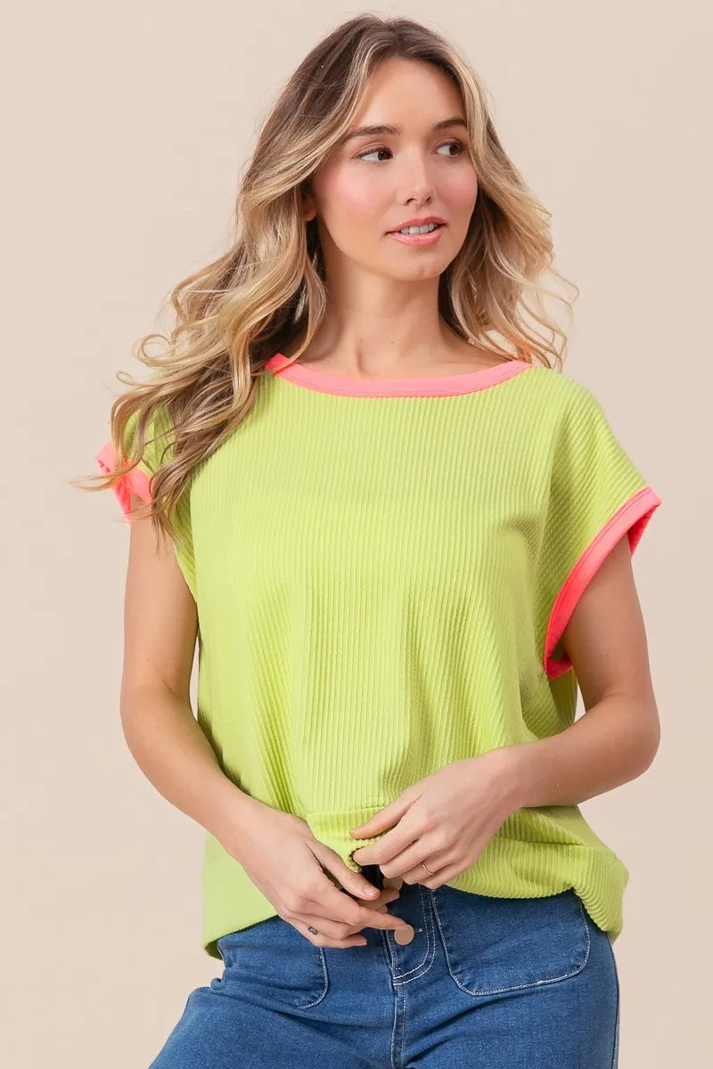 Image of BiBi Cord Rib Knit Contrast Banded Top | Queeble.shop