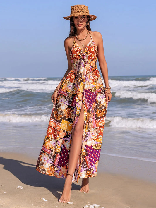 Image of Slit Printed Halter Neck Cami Dress | Queeble.shop