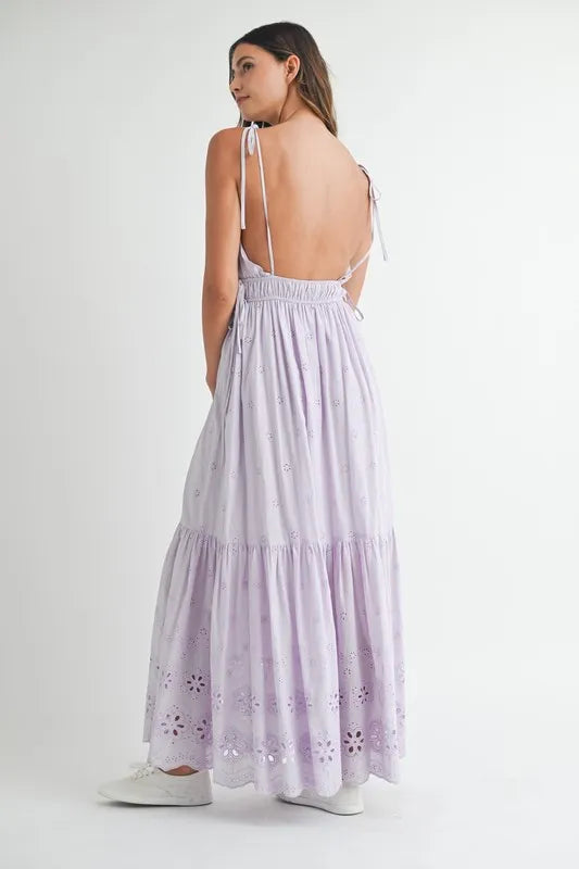 Image of MABLE Eyelet Lace Maxi Dress With Side Strap Details | Queeble.shop