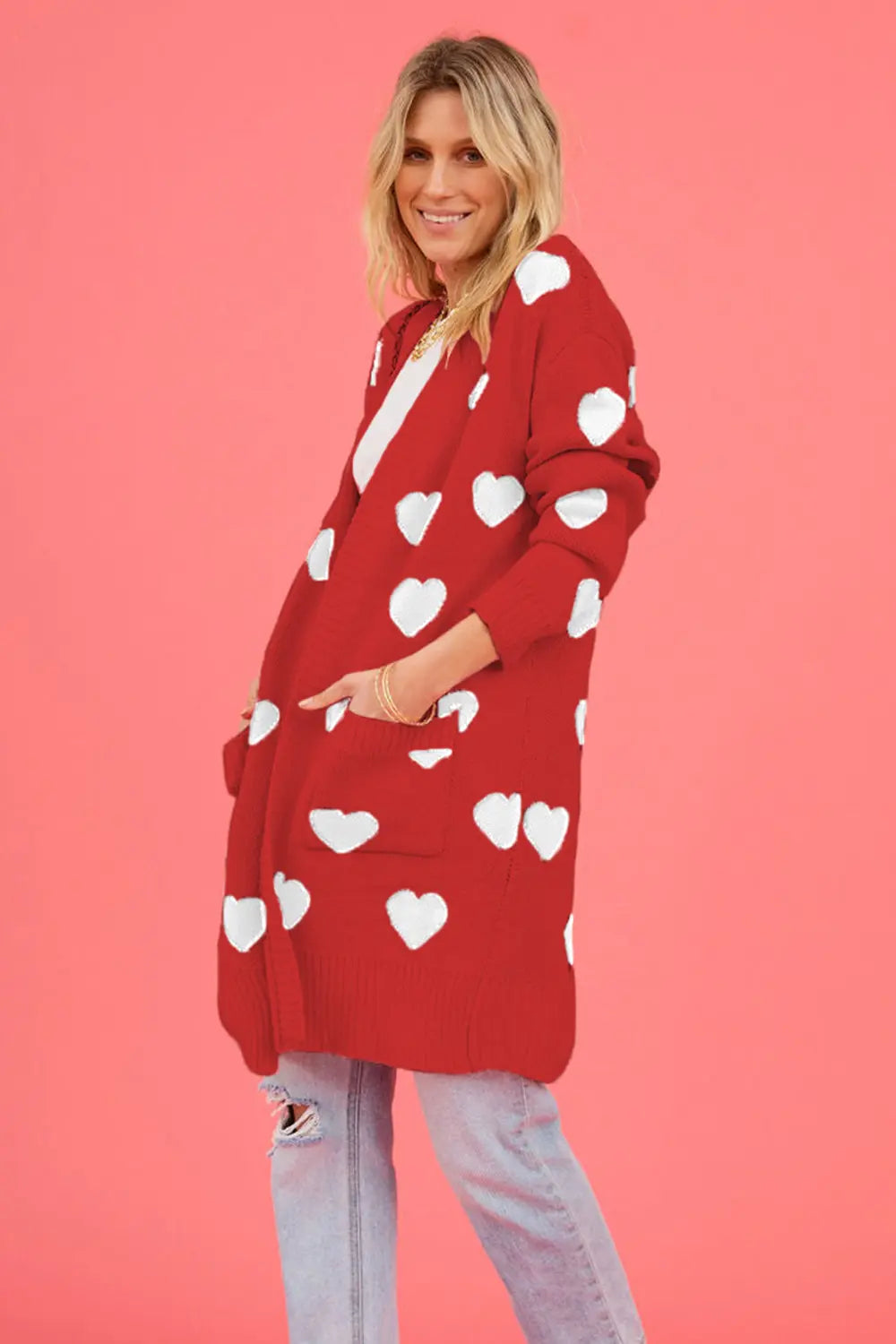 Image of Heart Graphic Open Front Cardigan with Pockets | Queeble.shop