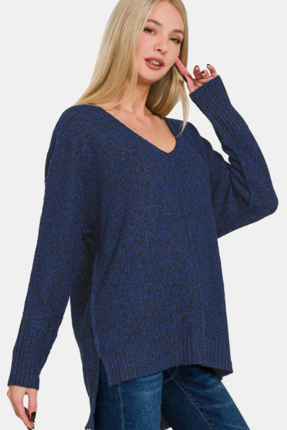 Image of Zenana High-Low Center Seam V-Neck Sweater | Queeble.shop