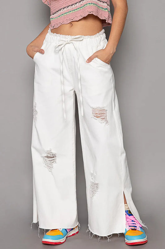 Image of POL Distressed Drawstring Slit Wide leg Pants | Queeble.shop