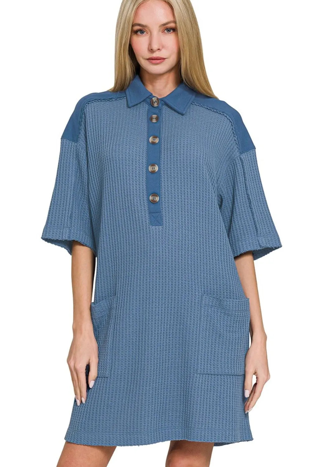 Image of Zenana Waffle Half-Button Dress with Pocket | Queeble.shop