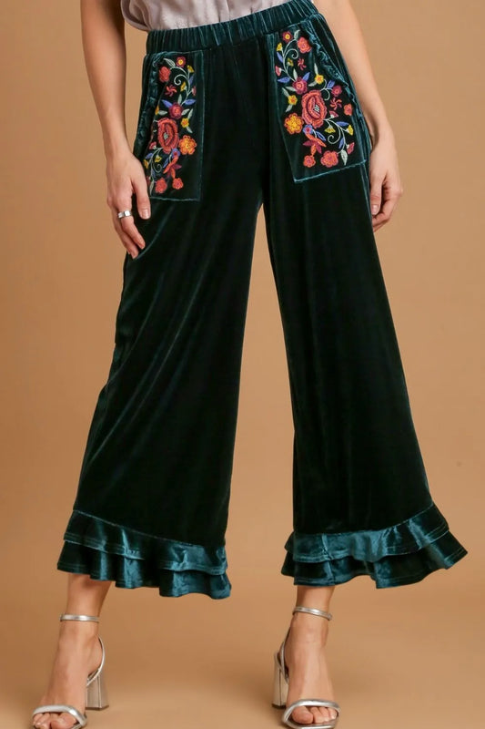 Image of Umgee Full Size Wide Fit Ruffle Velvet Pants with Embroidered Pockets Plus Size | Queeble.shop