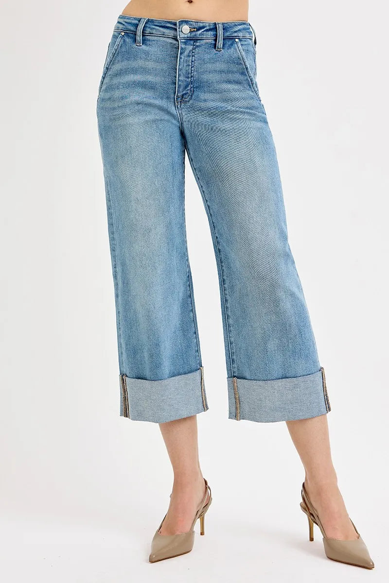 Image of RISEN Full Size Tummy Control High Rise Ankle Wide Cuffed Jeans Plus Size | Queeble.shop