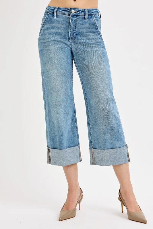 Image of RISEN Full Size Tummy Control High Rise Ankle Wide Cuffed Jeans Plus Size | Queeble.shop