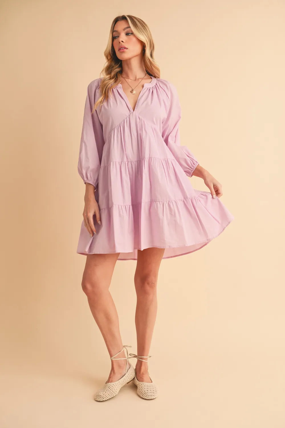 Image of Aemi + Co Notched Balloon Sleeve Tiered Mini Dress | Queeble.shop