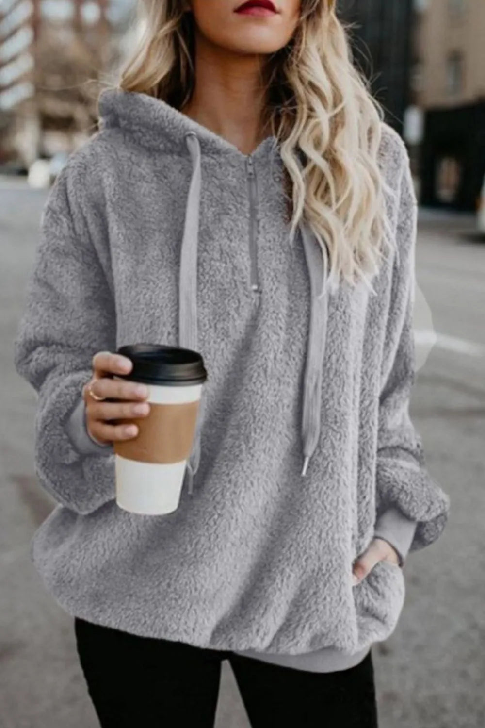 Image of Full Size Quarter-Zip Drawstring Teddy Hoodie | Queeble.shop