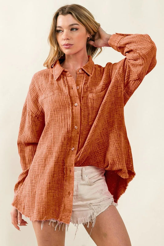 Image of BiBi Raw Edge Detailed Mineral Washed Loose Fit Shirt | Queeble.shop