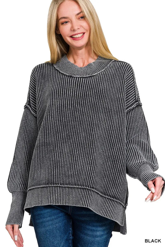Image of Zenana Washed Side Slit Oversized Sweater | Queeble.shop