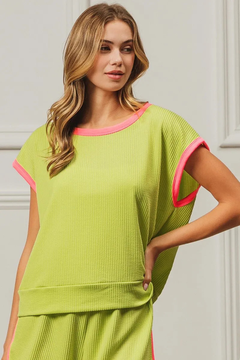 Image of BiBi Cord Rib Knit Contrast Banded Top | Queeble.shop