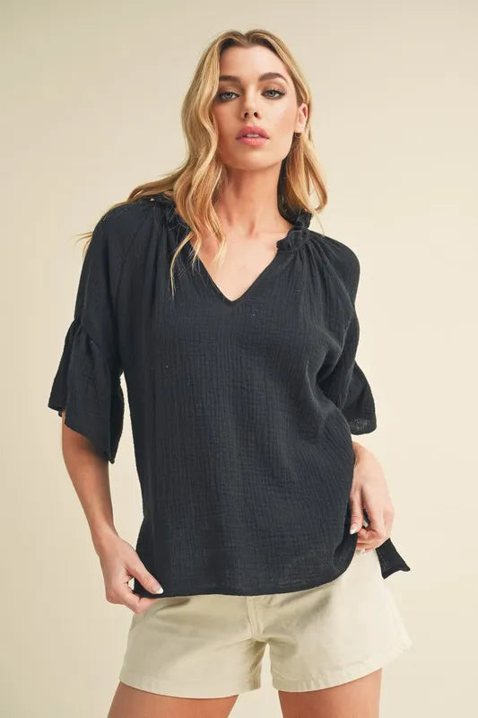 Image of Aemi + Co Side Slit Notched Ruffled Half Sleeve Blouse | Queeble.shop
