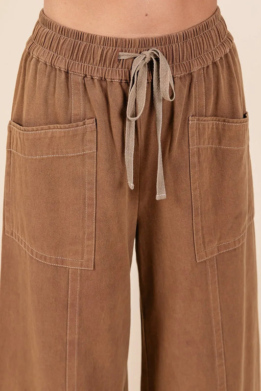 Image of Mittoshop Mineral Wash Wide Leg Elastic Waist Twill Pants | Queeble.shop