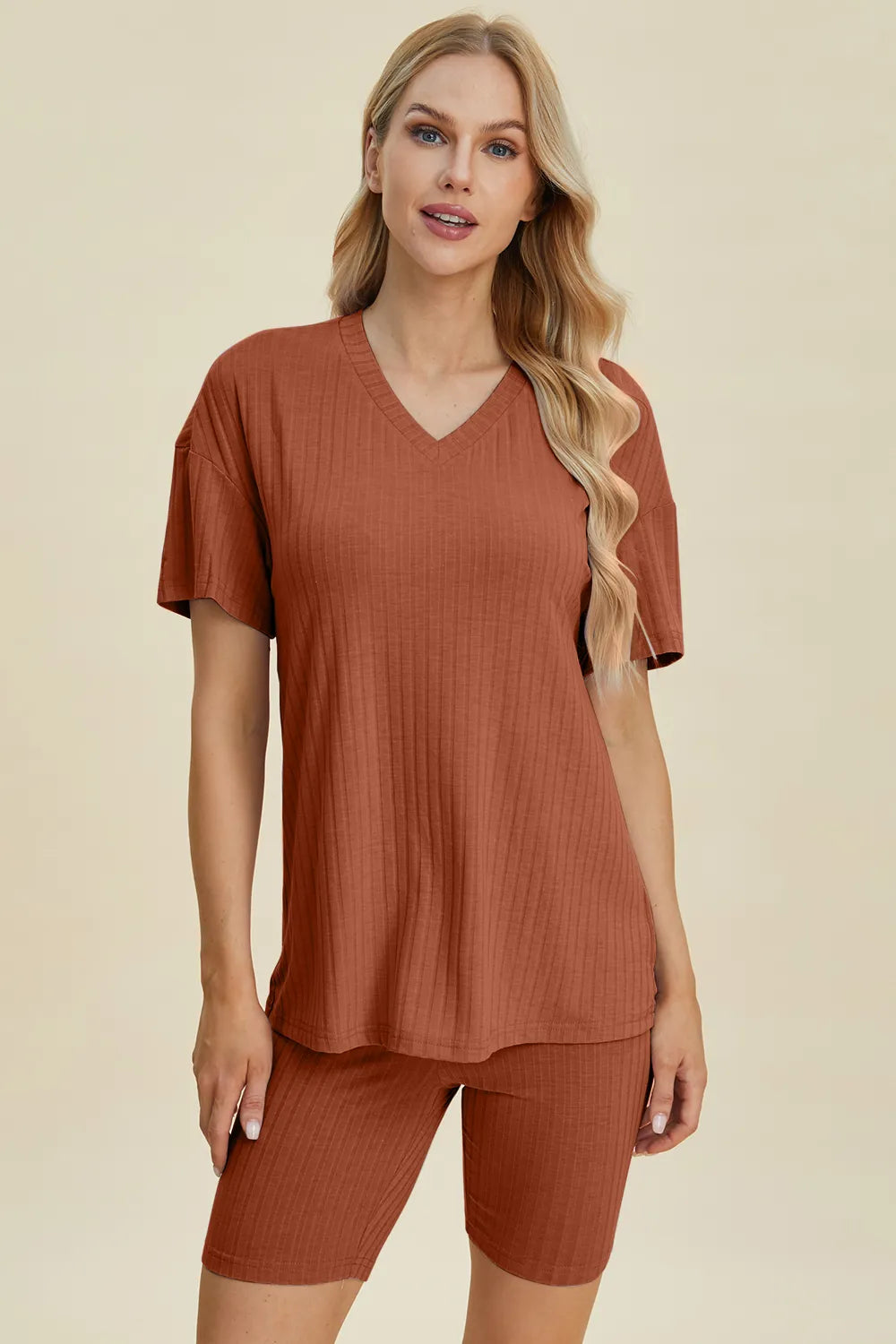 Image of Basic Bae Full Size Ribbed V-Neck Short Sleeve Top and Shorts Set | Queeble.shop