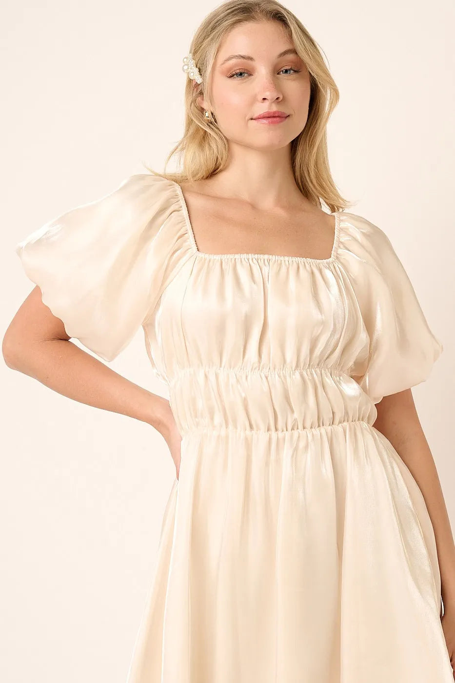 Image of Mittoshop Metallic Organza Fabric Balloon Sleeve Mini Dress | Queeble.shop