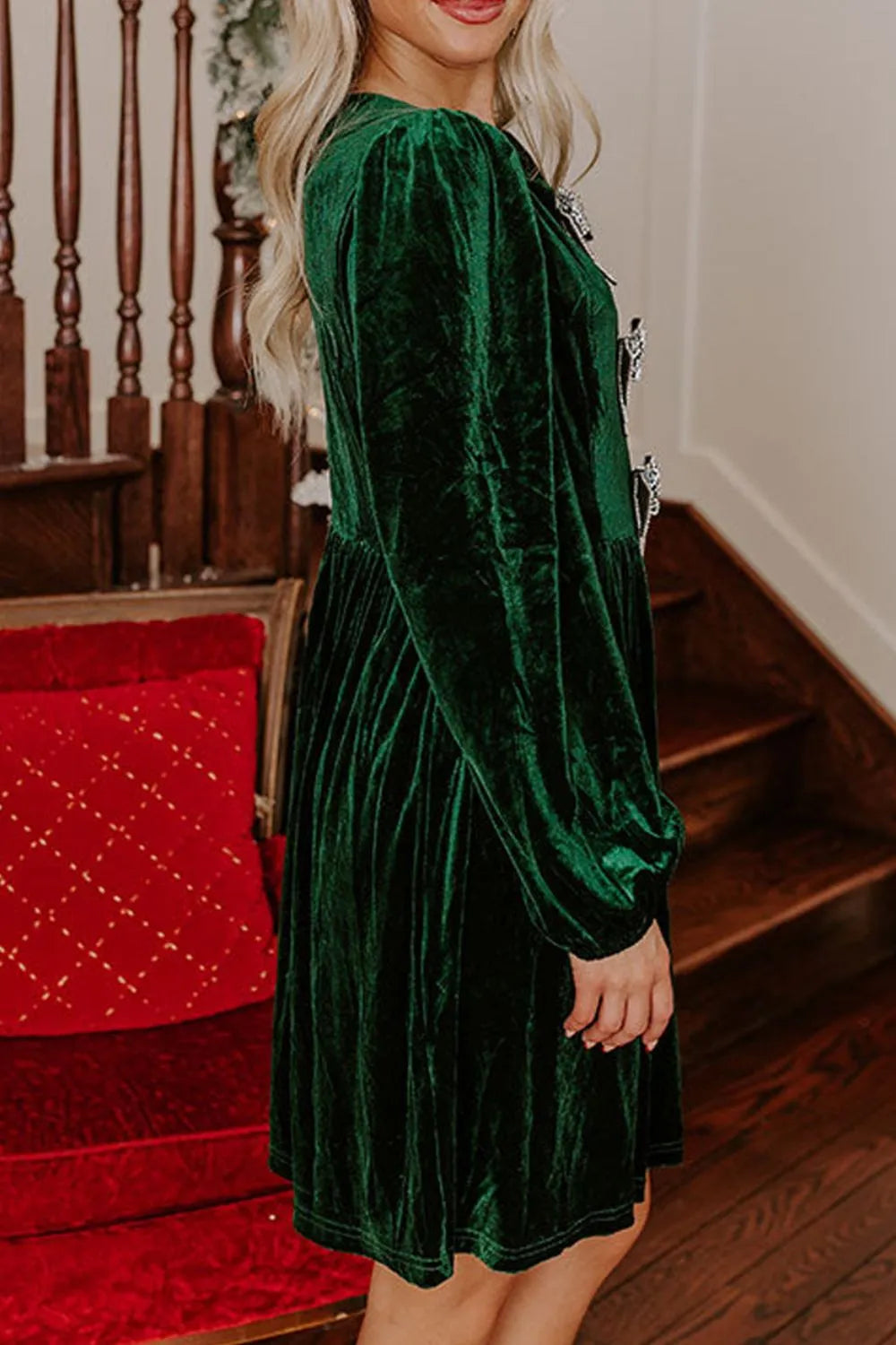 Image of Velvet Bow Front Balloon Sleeve Dress | Queeble.shop