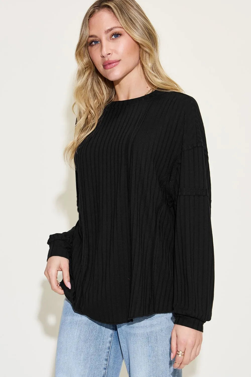 Image of Basic Bae Full Size Ribbed Round Neck Long Sleeve T-Shirt | Queeble.shop