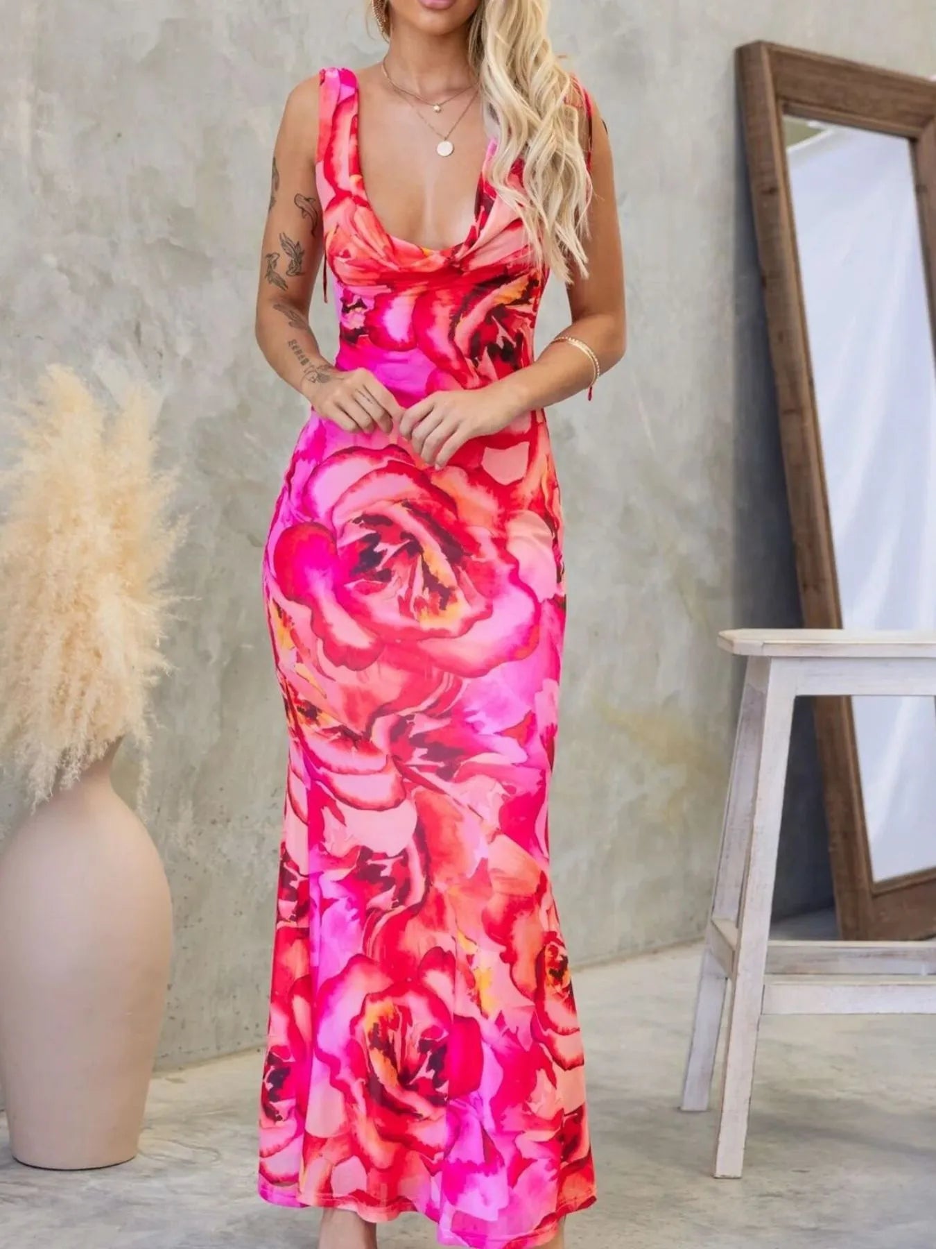 Image of Tied Sleeveless Printed Maxi Dress | Queeble.shop