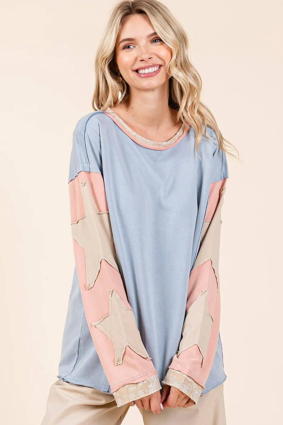 Image of Mittoshop Star Patch Long Sleeve Colorblock Mineral Wash Top | Queeble.shop