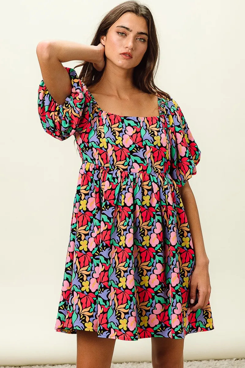 Image of BiBi Floral Print Puff Square Neck Dress | Queeble.shop