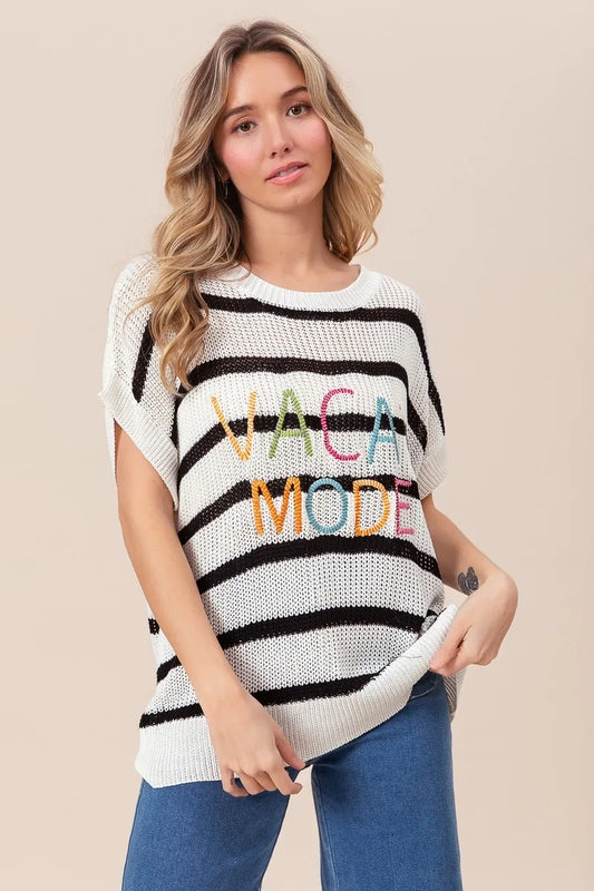 Image of BiBi Vacay Mode Lettering Drop Shoulder Striped Sweater | Queeble.shop