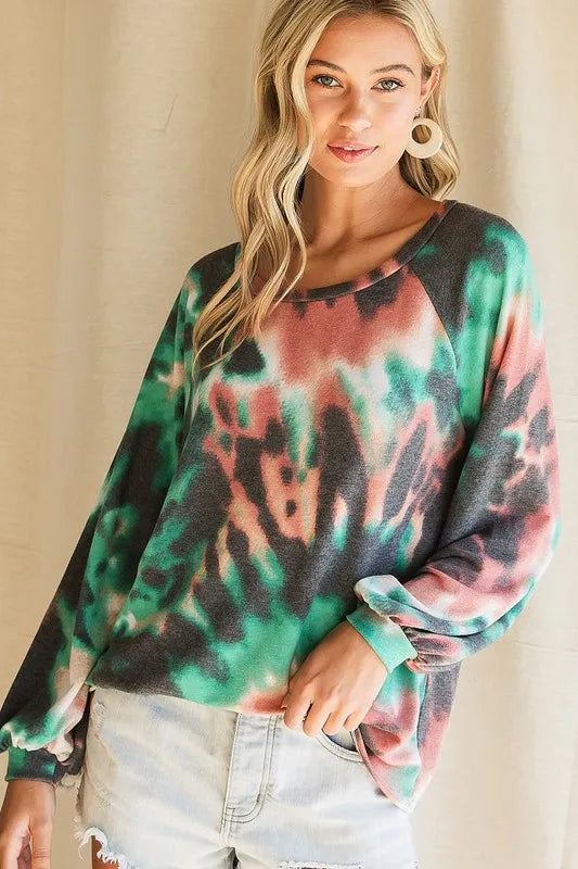 Image of BiBi Tie Dye Print Terry Top with Puff Sleeves | Queeble.shop