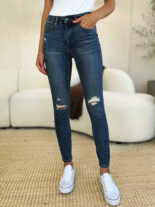 Image of Judy Blue Full Size Mid Waist Distressed Slim Jeans | Queeble.shop