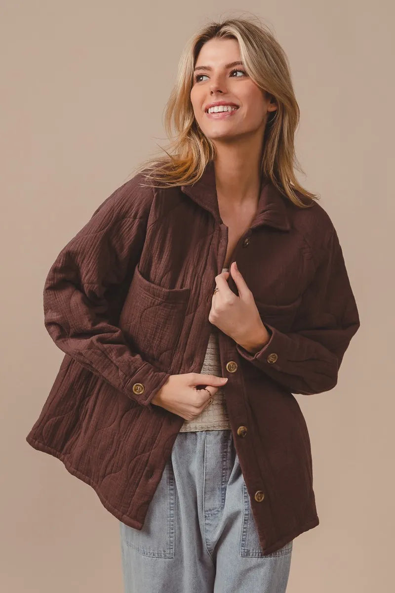 Image of BiBi Quilted Wrinkle Gauze Long Sleeve Shacket | Queeble.shop