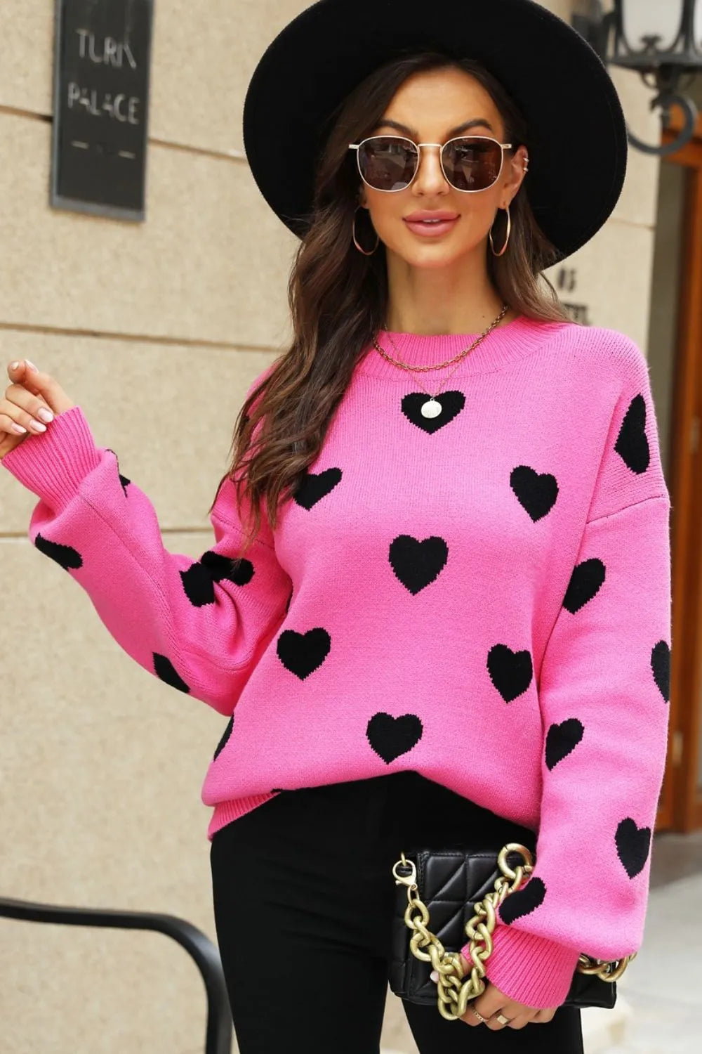 Image of Woven Right Heart Pattern Lantern Sleeve Round Neck Tunic Sweater | Queeble.shop