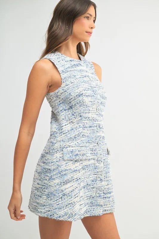 Image of MABLE Tweed Sleeveless Button Down Mini Dress | Queeble.shop