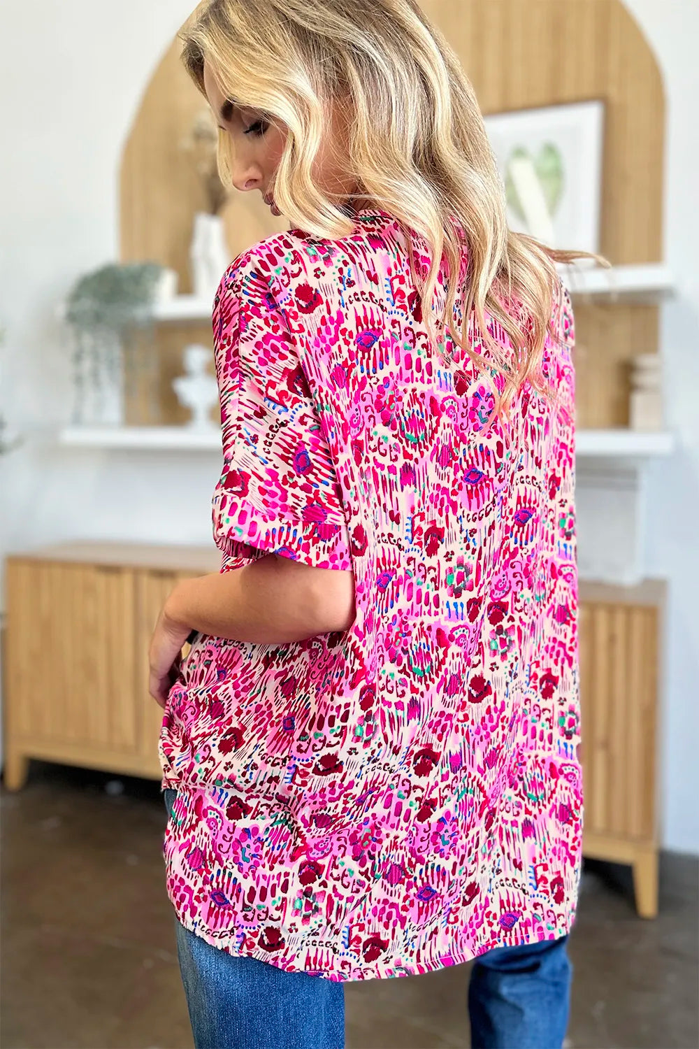 Image of Double Take Full Size Printed V-Neck Short Sleeve Blouse | Queeble.shop