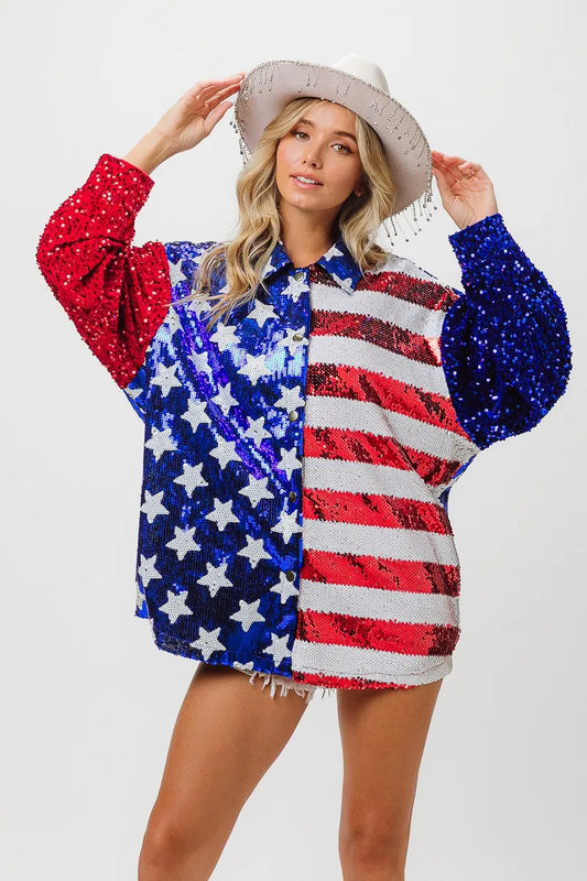 Image of BiBi Velvet Sequin American Flag Shirt | Queeble.shop