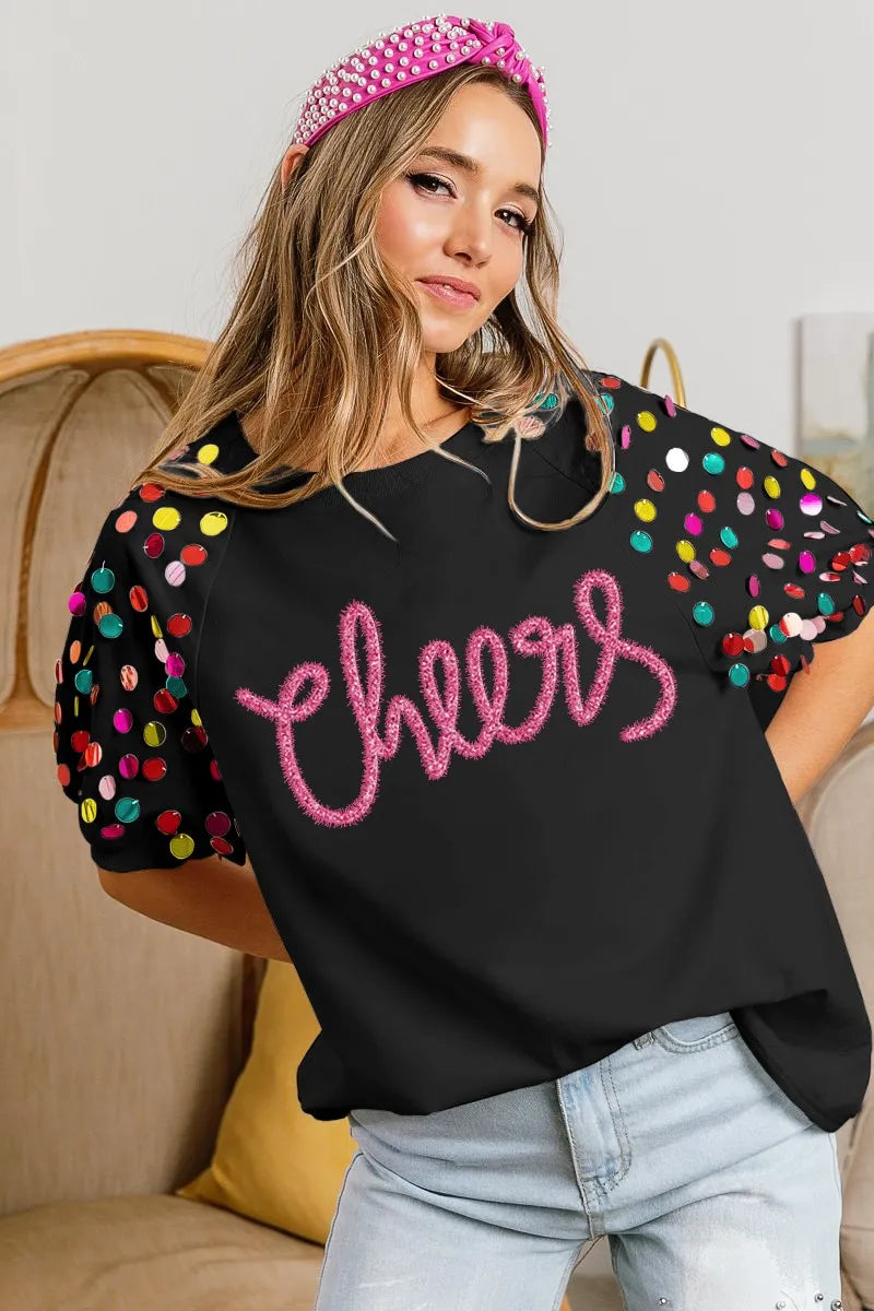 Image of BiBi Metallic Letter Spangle Raglan Puff Sleeve Top | Queeble.shop