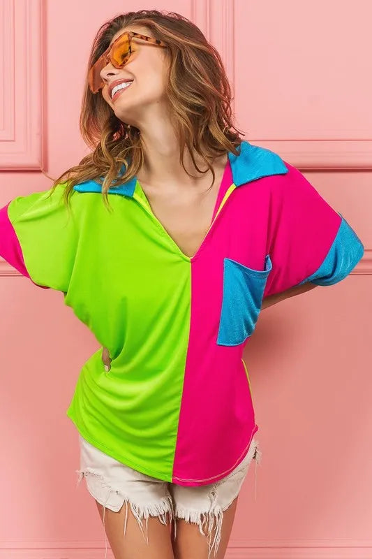 Image of BiBi Slinky Knit Color Block V Neck Front Top | Queeble.shop