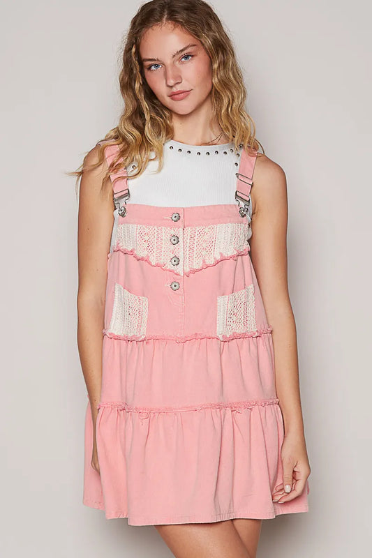 Image of POL Lace Patchwork Detail Denim Overall Dress | Queeble.shop